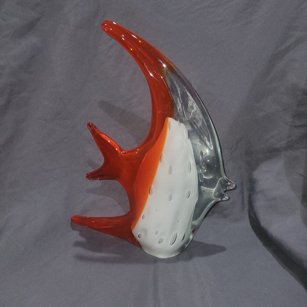 Handblown Art Glass Angel Fish Figurine Clear Orange White 11" Murano Style
